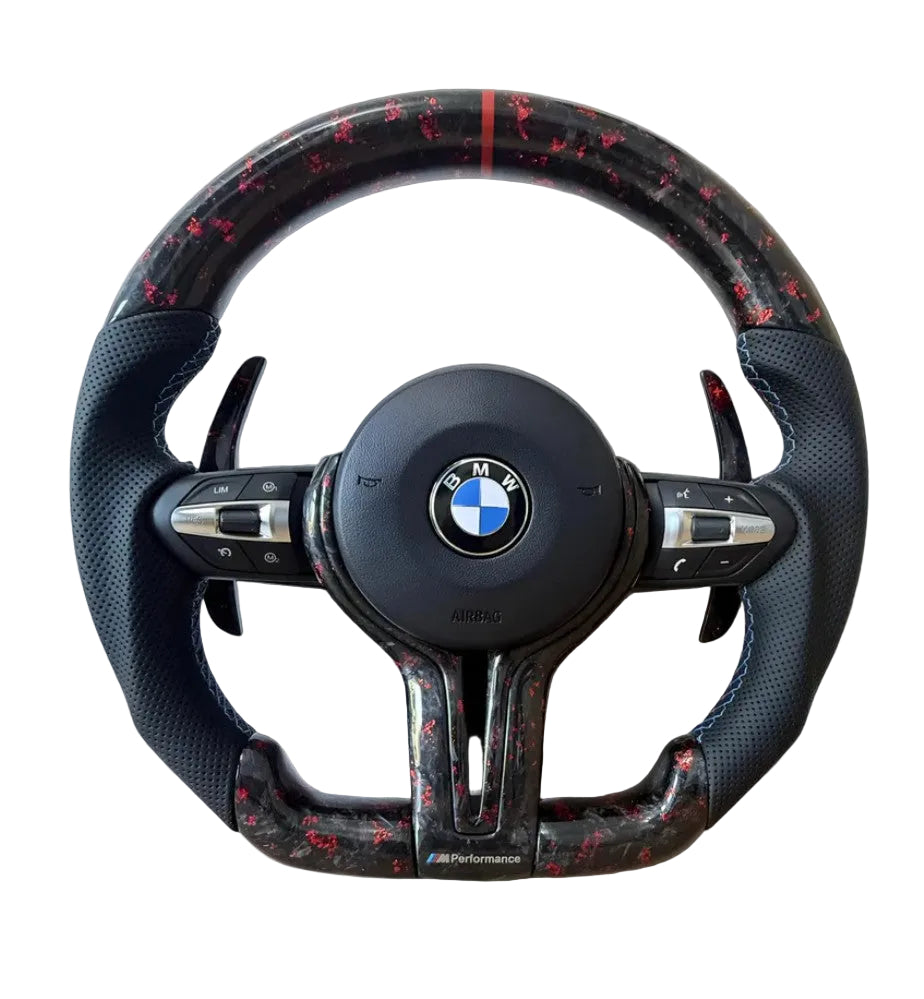 BMW F Series Steering Wheel Flat Bottom - Red Forged Carbon