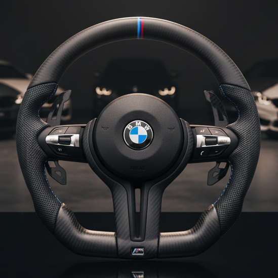 BMW steering wheel on display with cars in the background