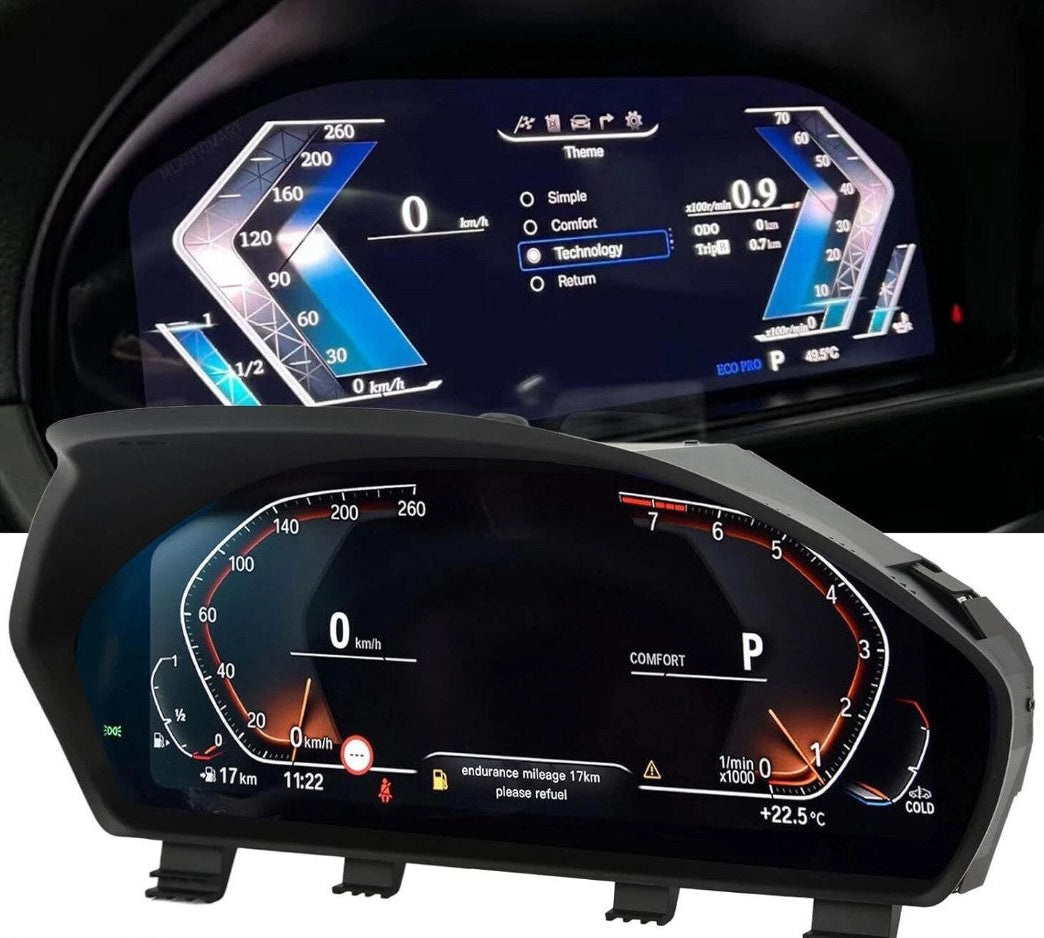 Car LCD screen with digital display showing speedometer and other metrics.