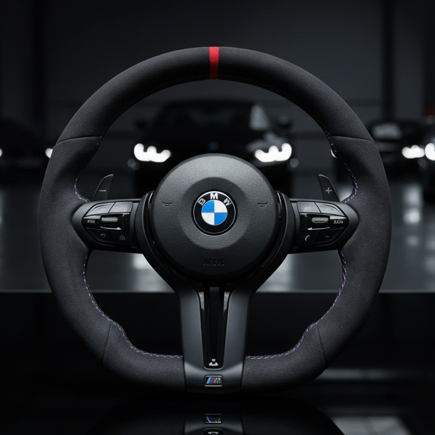 BMW steering wheel in a dark setting with blurred cars in the background