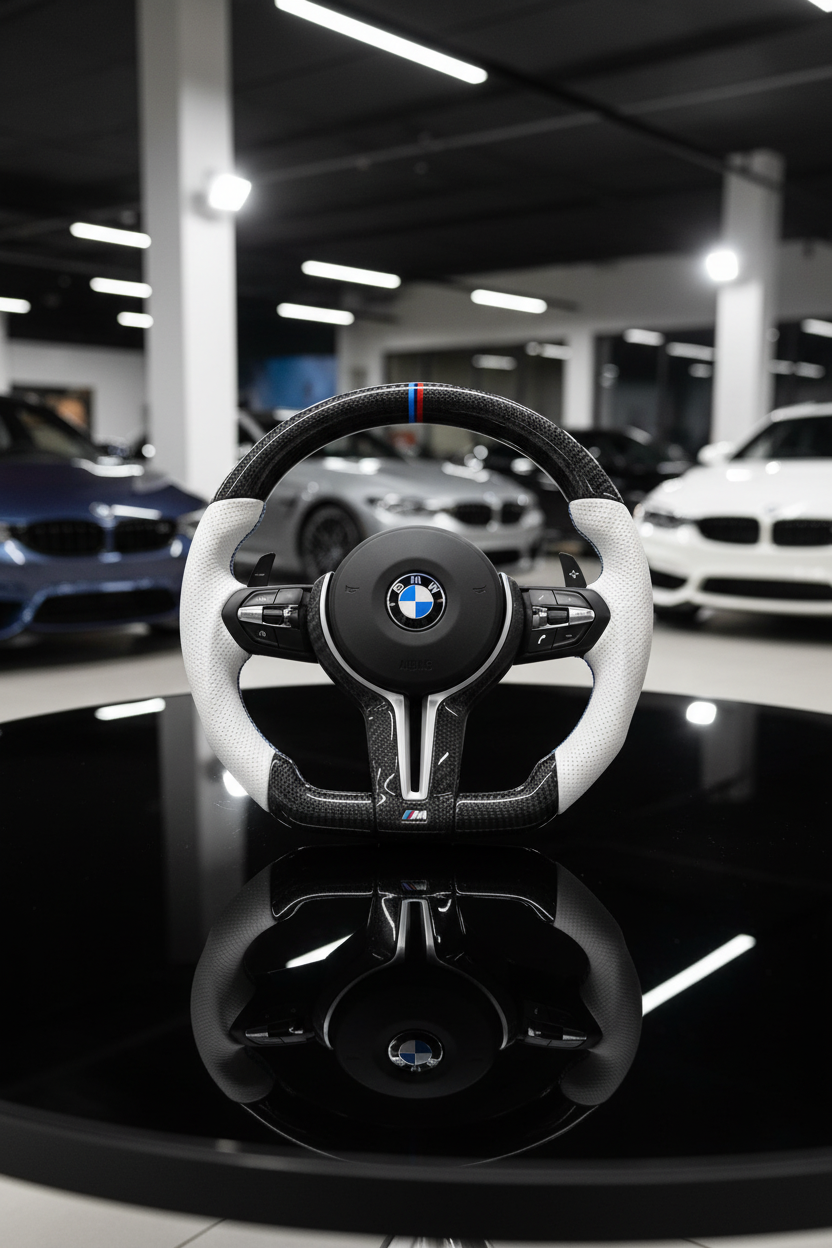 BMW F Series Steering Wheel Flat Bottom - White Leather & Carbon Fibre