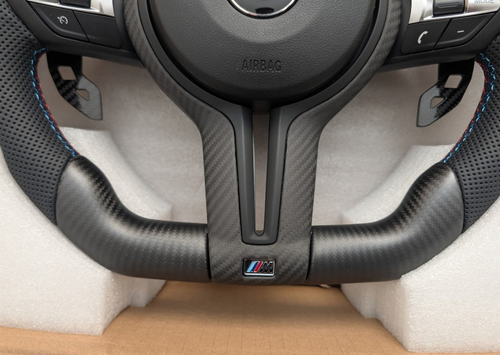 BMW F Series Steering Wheel Flat Bottom - Matte Carbon Fibre & Perforated Leather