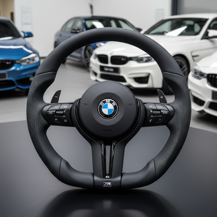 BMW steering wheel with cars in the background
