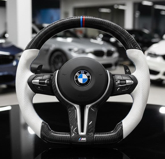 BMW F Series Steering Wheel Flat Bottom - White Leather & Carbon Fibre