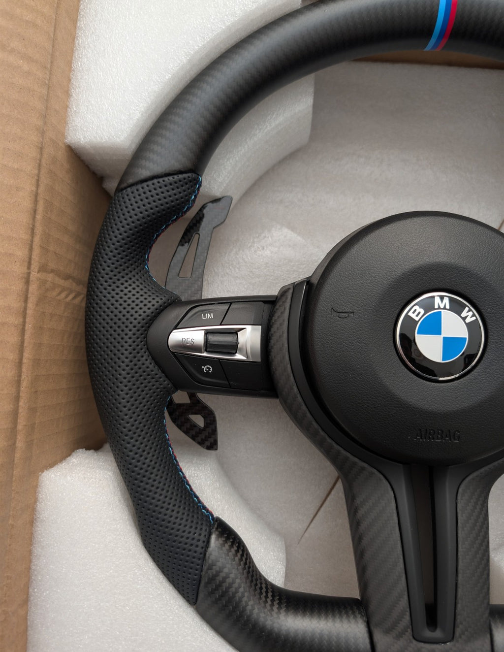 BMW F Series Steering Wheel Flat Bottom - Matte Carbon Fibre & Perforated Leather