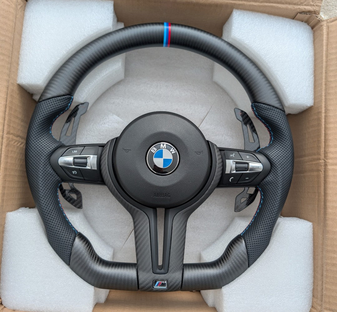 BMW F Series Steering Wheel Flat Bottom - Matte Carbon Fibre & Perforated Leather