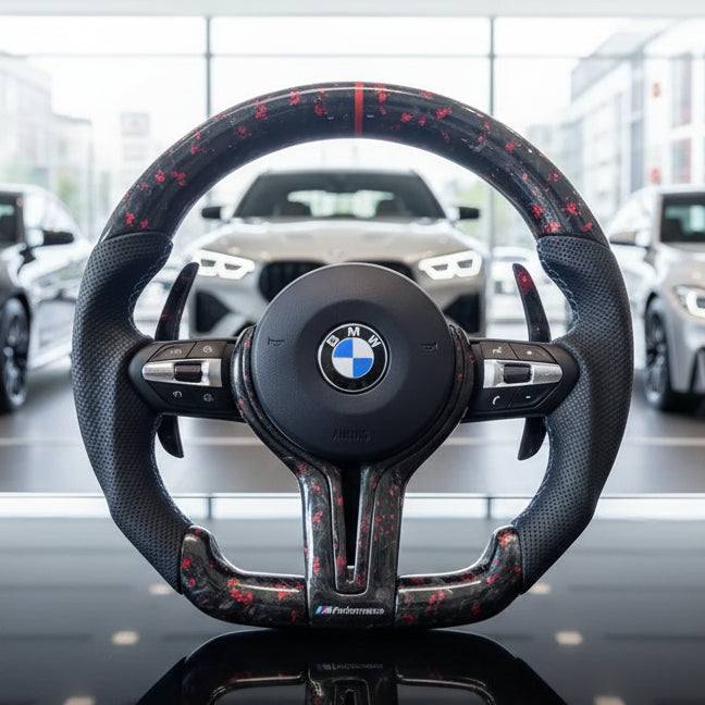 BMW F Series Steering Wheel Flat Bottom - Red Forged Carbon