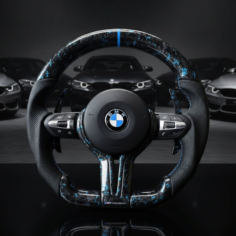 BMW F Series Steering Wheel Flat Bottom - Blue Forged Carbon